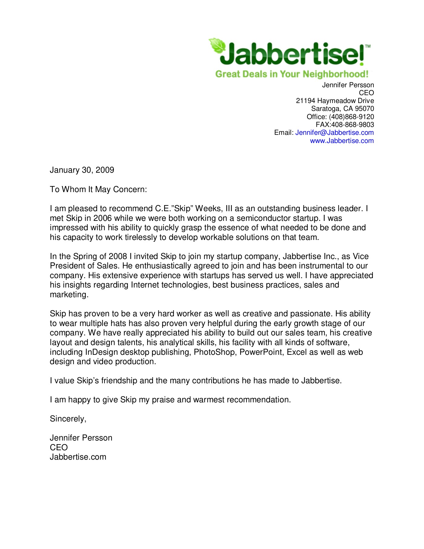 Letter of recommendation from Jennifer Persson