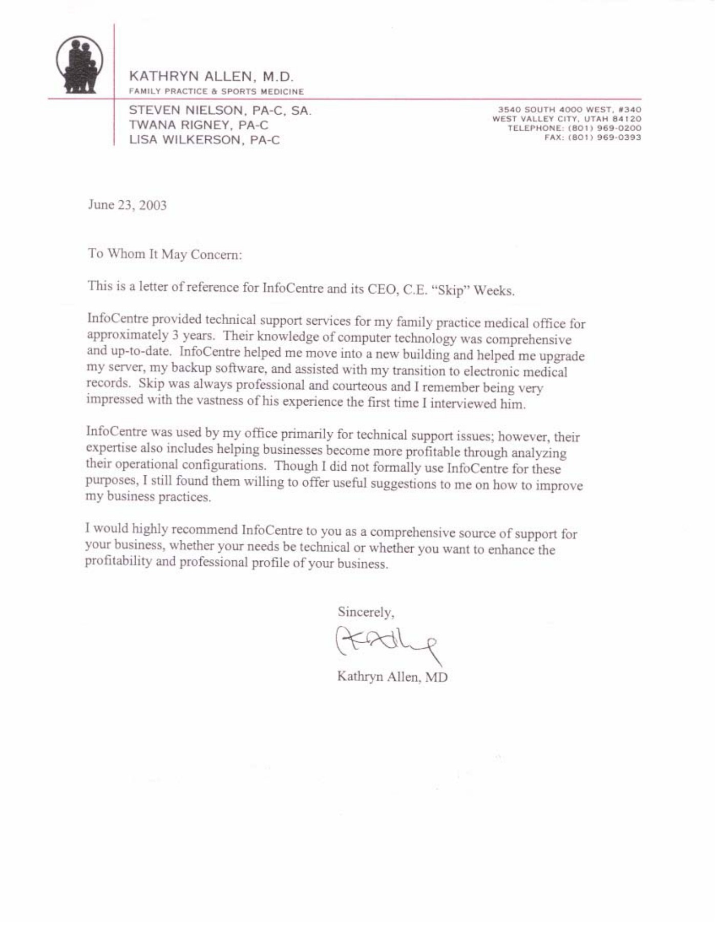 Letter of recommendation from Kathryn Allen, M.D.