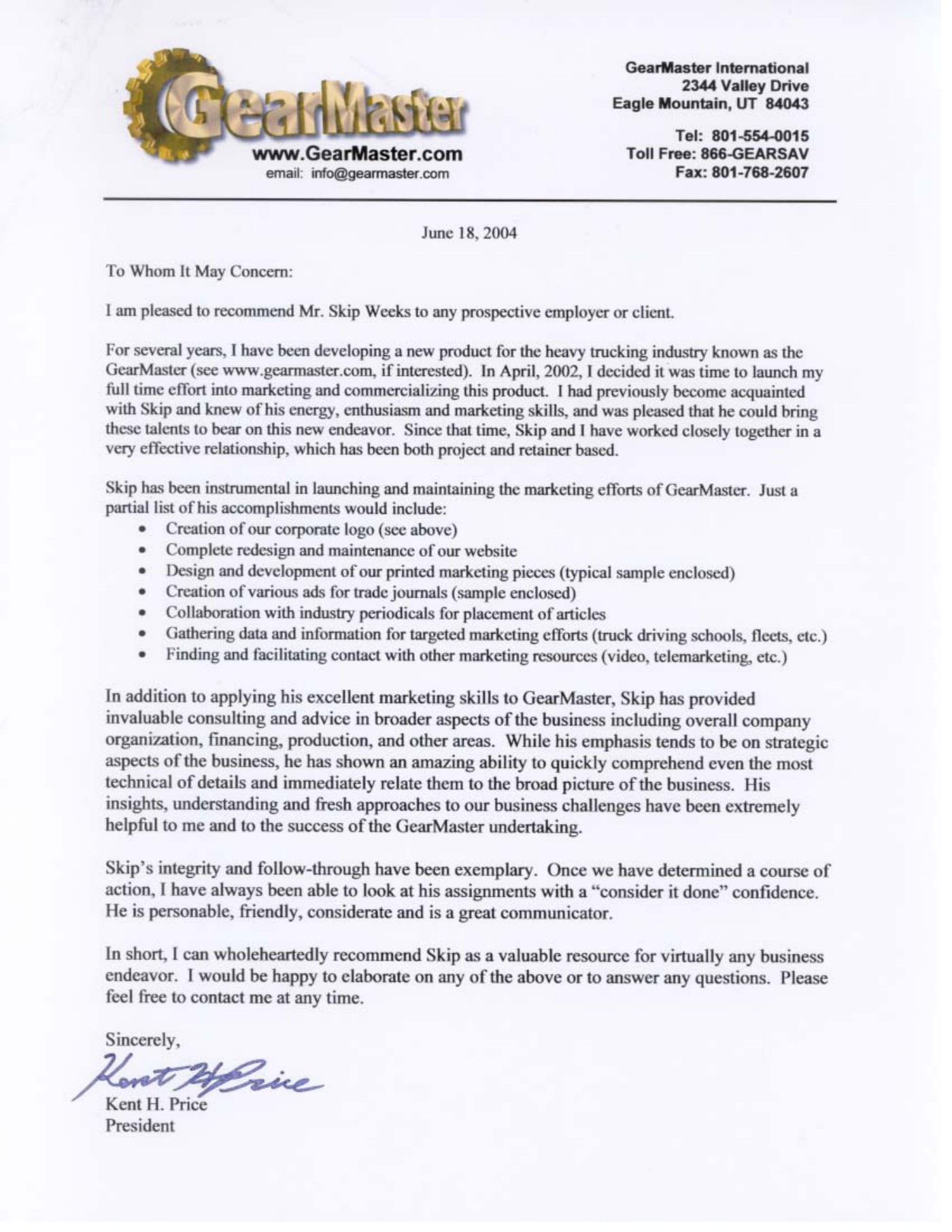 Letter of recommendation from Kent H. Price