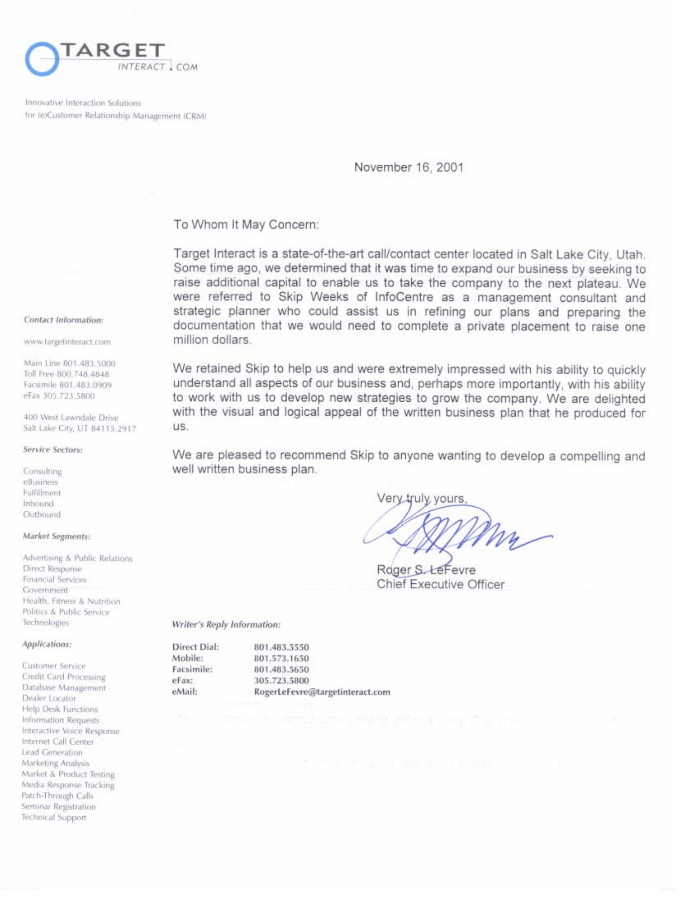 Letter of recommendation from Roger S. LeFevre