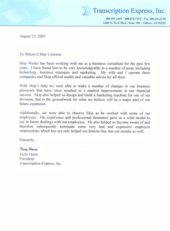 Letter of recommendation from Terry Hurst