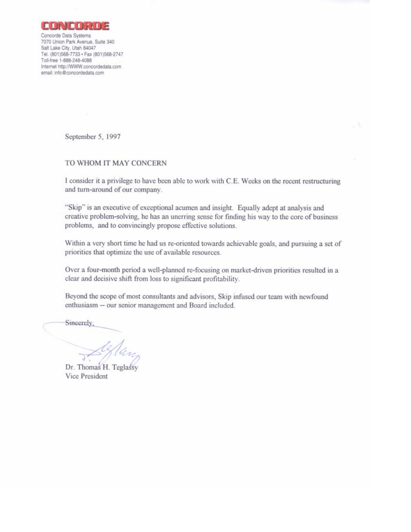 Letter of recommendation from Dr. Thomas H. Teglassy